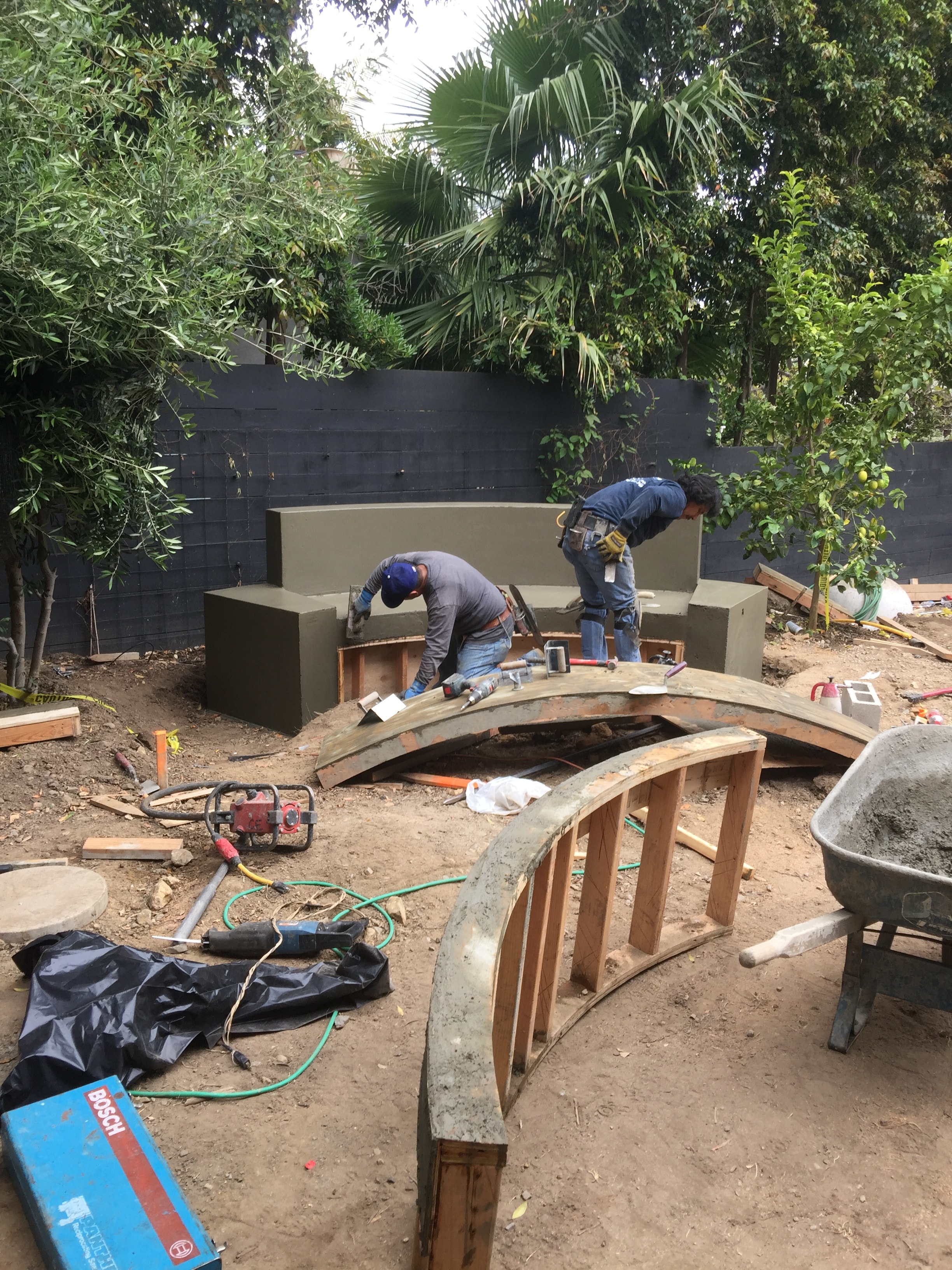 Poured-in-place concrete bench under construction — Santa Monica, CA
