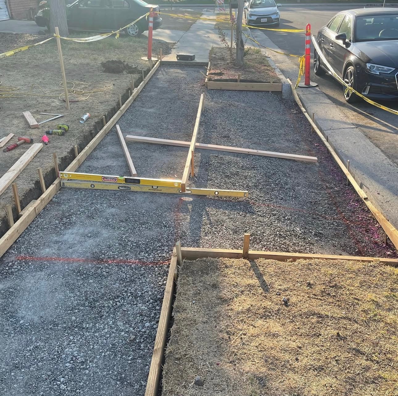 Public works sidewalk formwork and gravel base prep in San Fernando Valley by Concrete Etc., Inc.